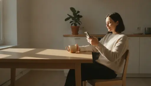 Young woman in cozy kitchen holding smartphone and steaming mug, with a potted plant nearby