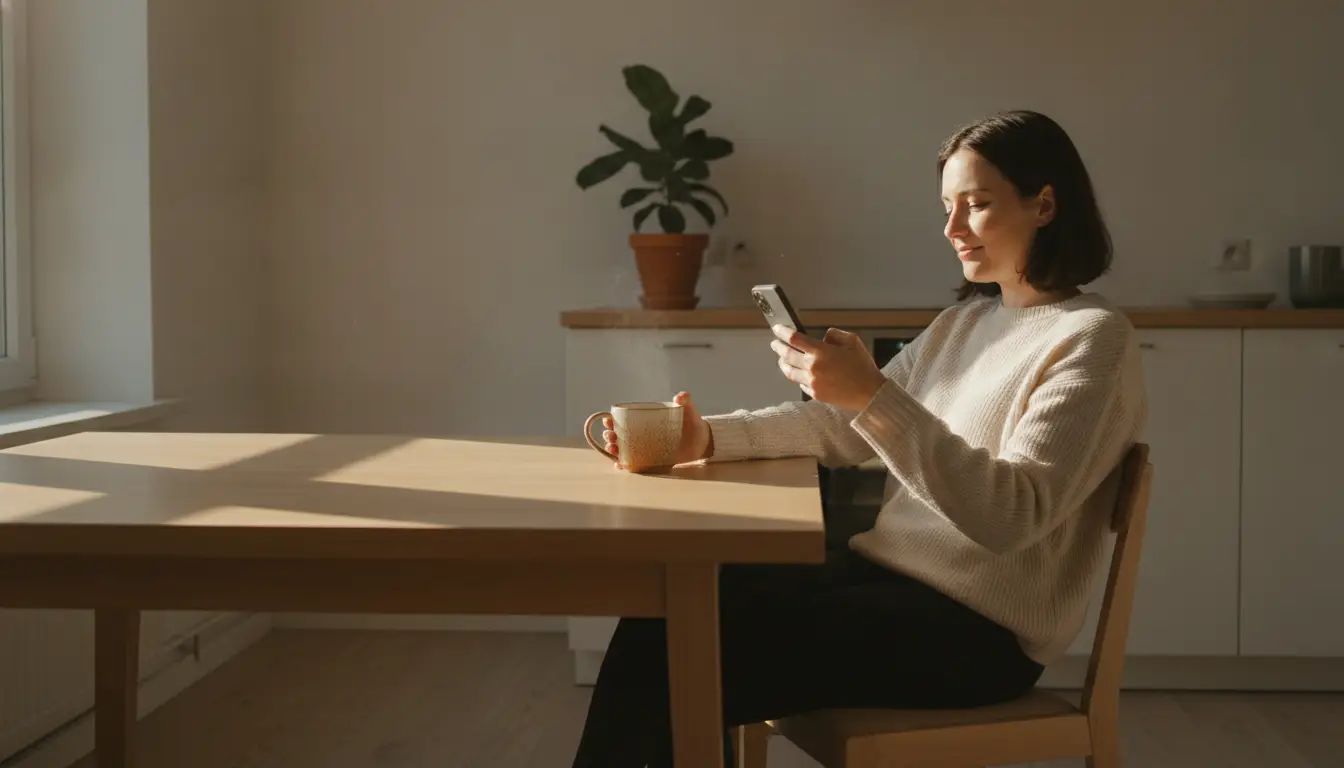 Young woman in cozy kitchen holding smartphone and steaming mug, with a potted plant nearby