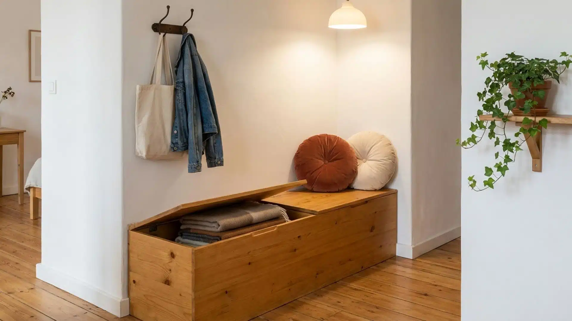 Wooden storage bench with hidden compartment used as seating in a compact apartment entryway corner space