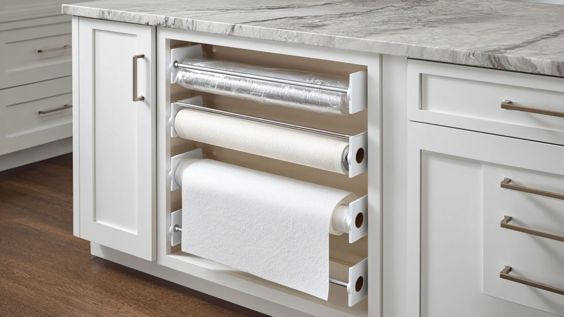 built-in foil and wrap dispenser recessed into kitchen island base with three horizontal roll storage slots