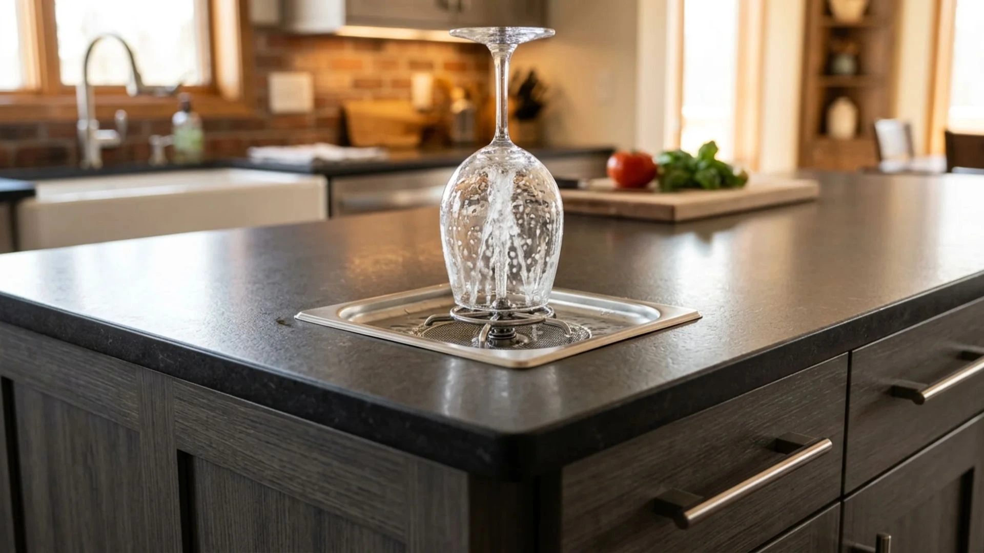 wine glass being rinsed upside down on built-in glass rinser set flush into dark kitchen island top