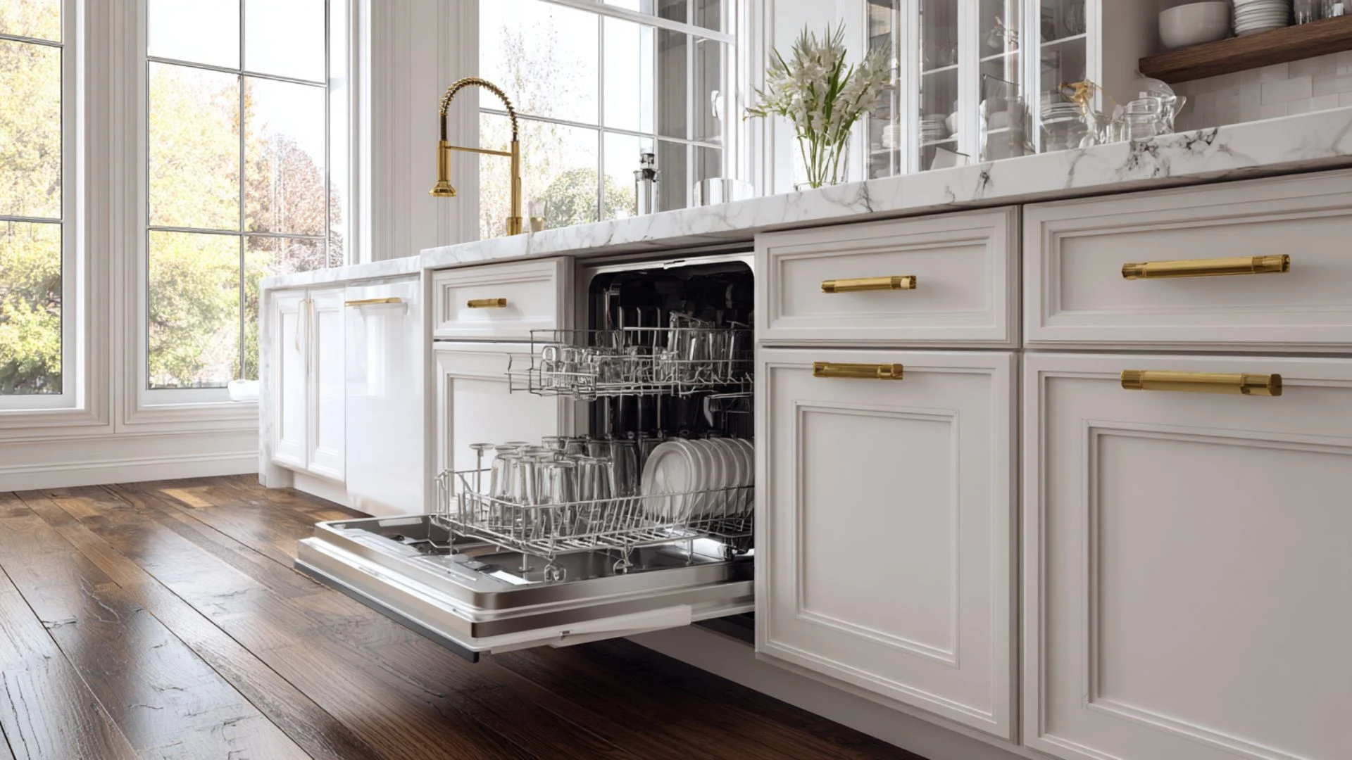built-in panel-ready dishwasher open inside white kitchen island base with glasses and dishes loaded