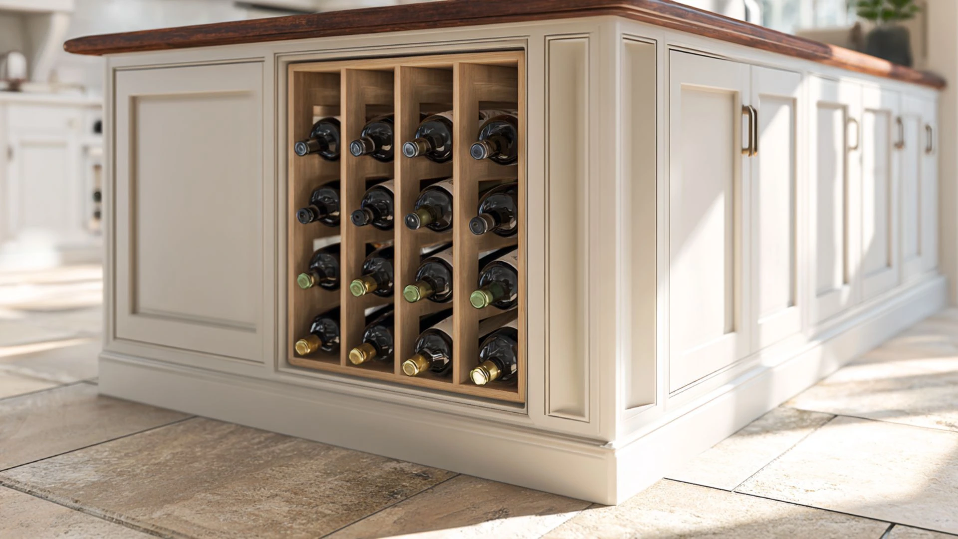 built-in wine rack on kitchen island base with bottles stored horizontally in warm wood grid slots