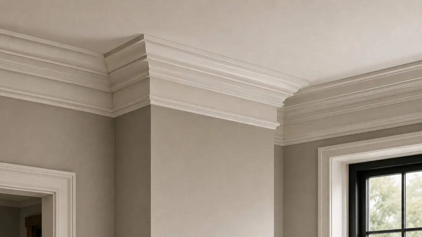 built up layered crown molding with deep stepped profile for a high ceiling corner