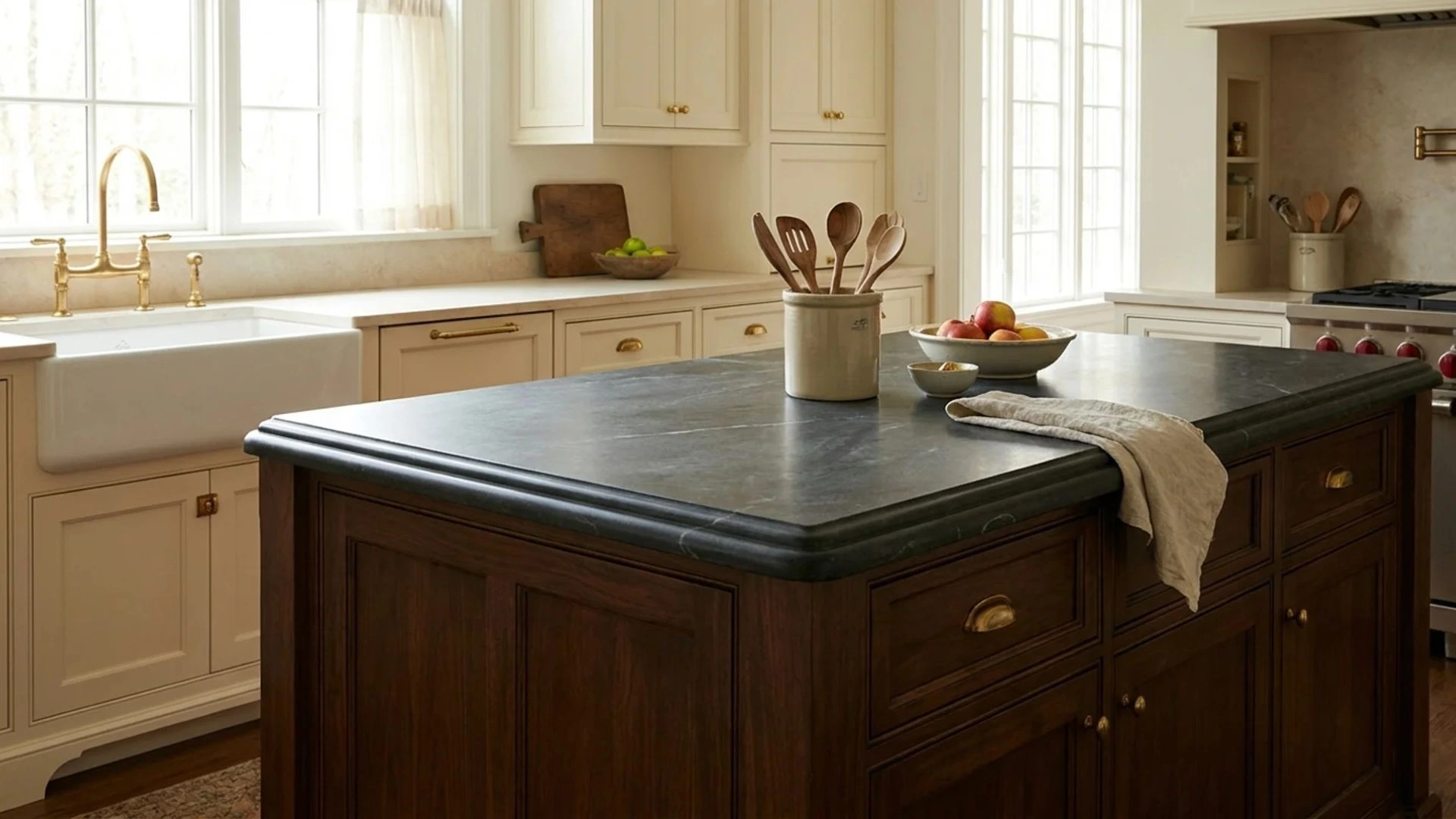 bullnose countertop edge on dark soapstone island with walnut cabinets and brass hardware