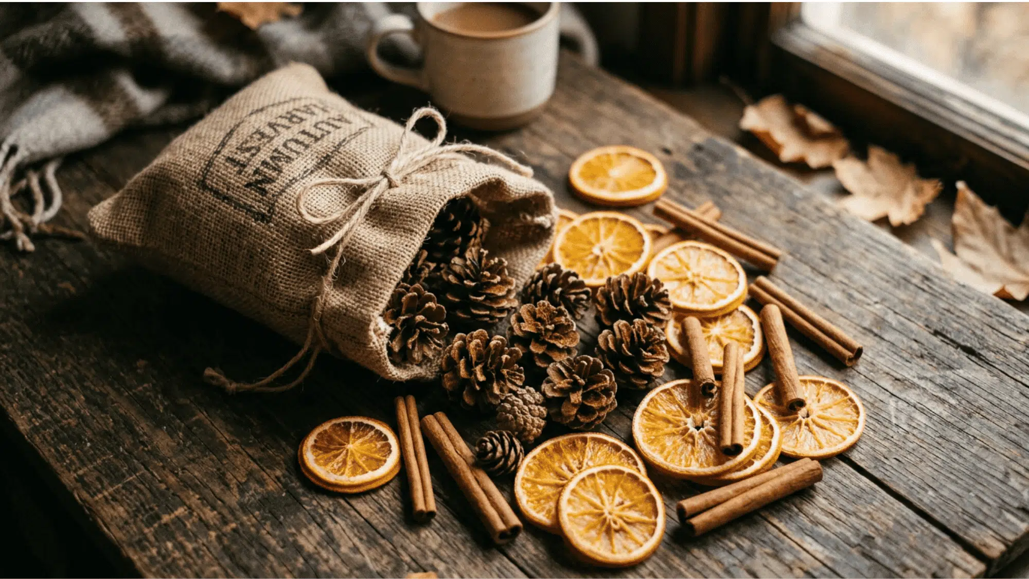 _burlap bag spilling cinnamon pinecones beside cinnamon sticks and orange slices.