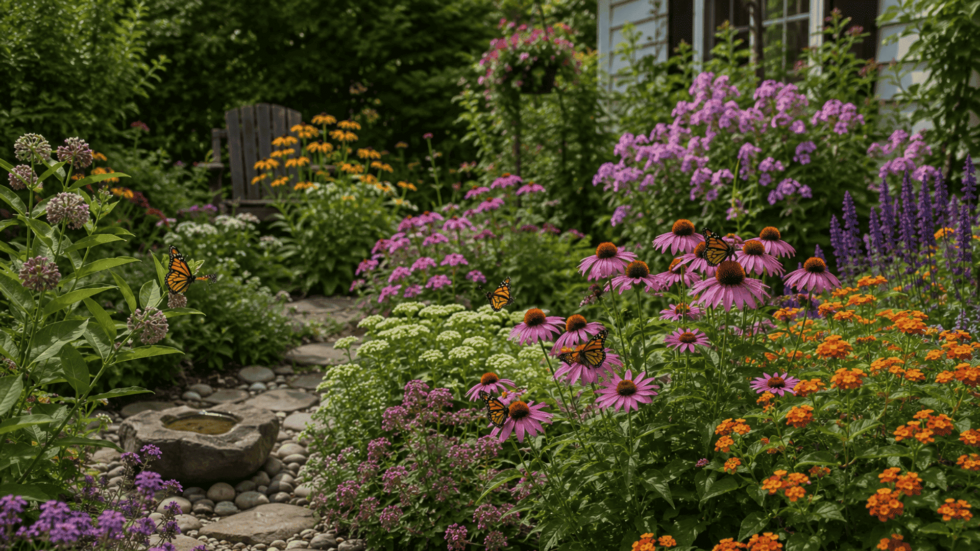 butterfly garden with nectar rich flowers arranged in sunny planting clusters
