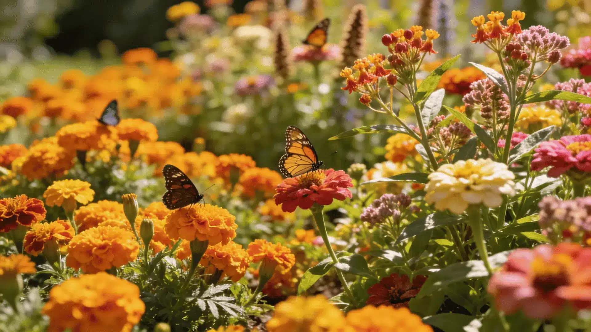 a bright orange butterfly rests on a purple coneflower in a garden filled with nectar rich blooms