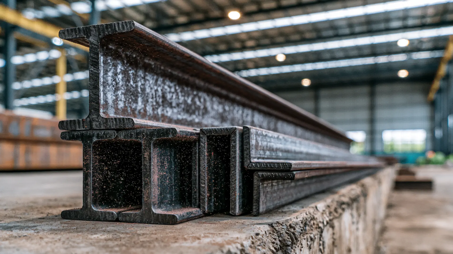 a stack of galvanized steel purlins bundled together on a wooden pallet at a construction site