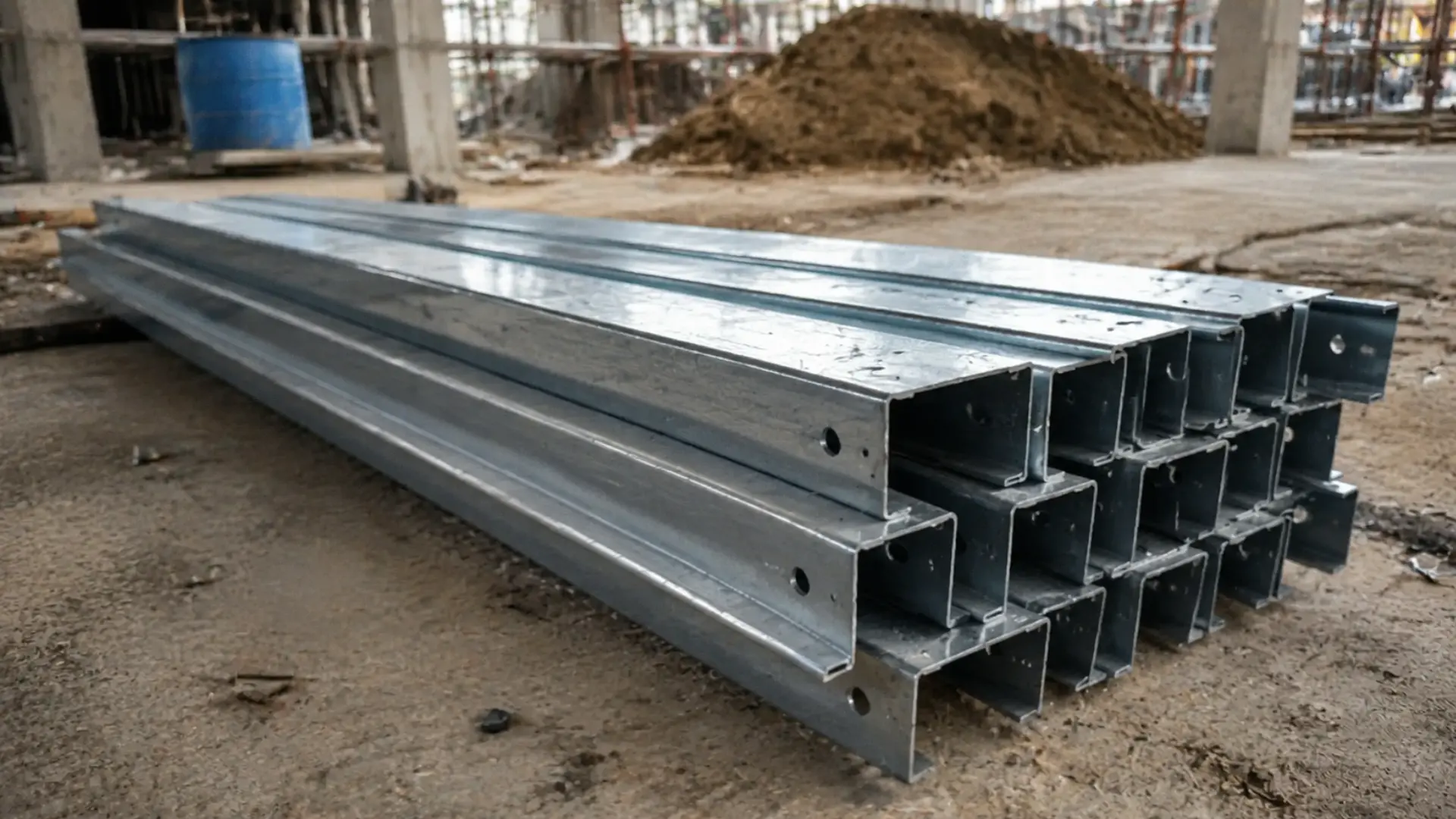 galvanized steel C-shaped purlin, showing its characteristic square C-profile with inward-facing flanges