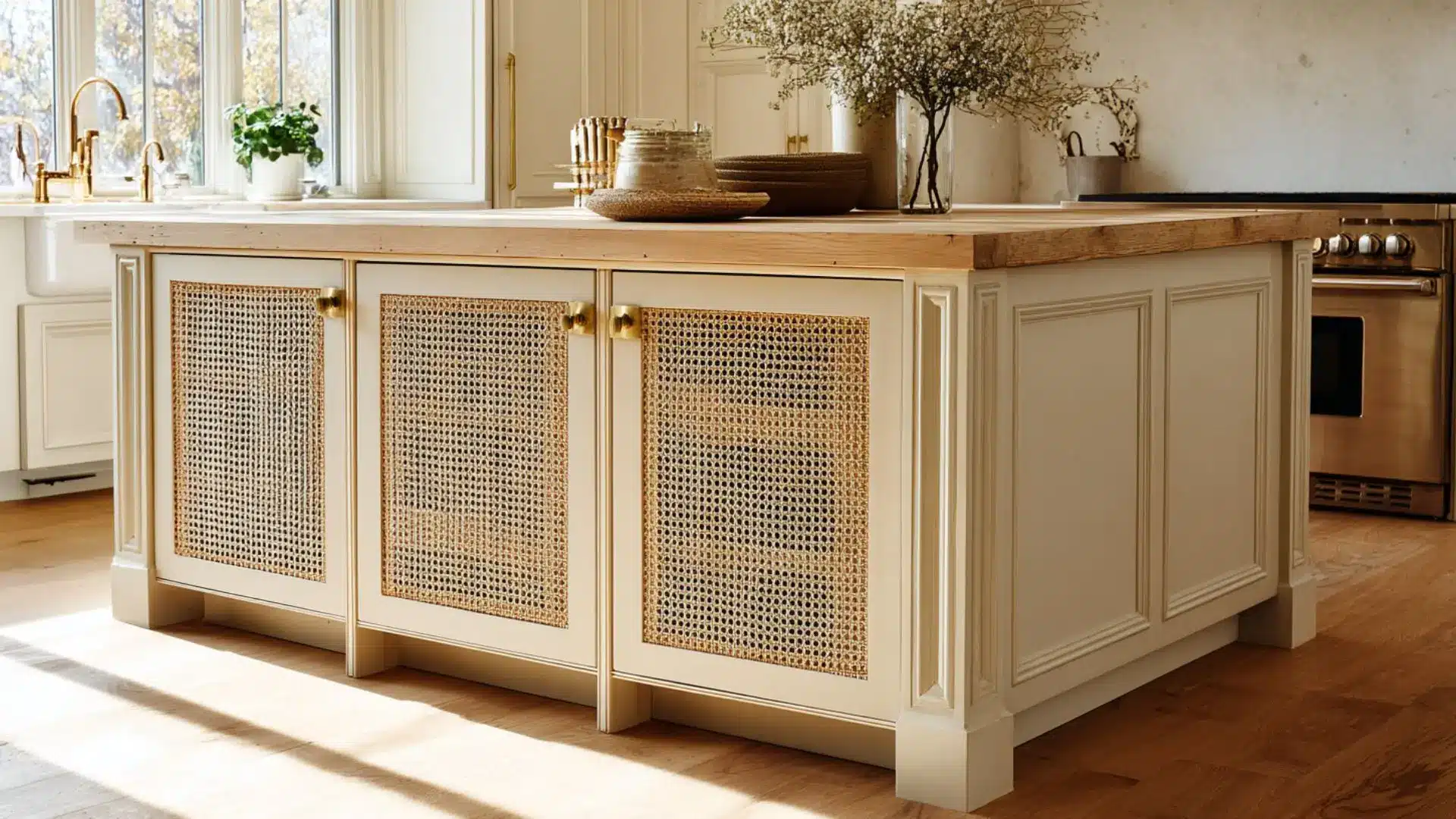 cane webbing panel inserts on cream kitchen island cabinet doors with brass hardware and wood countertop