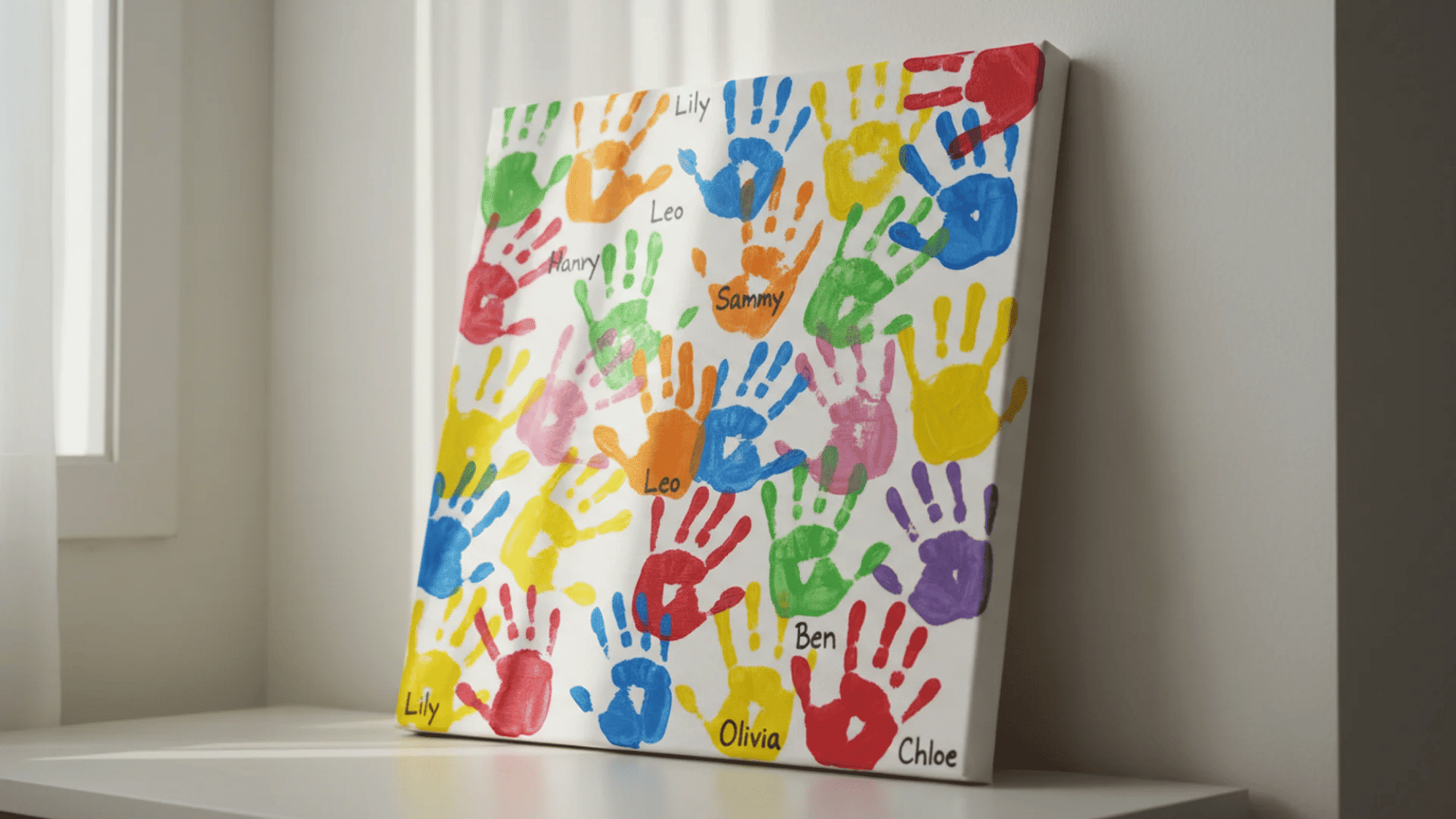 canvas covered with colorful painted children's handprints, each labeled with a name