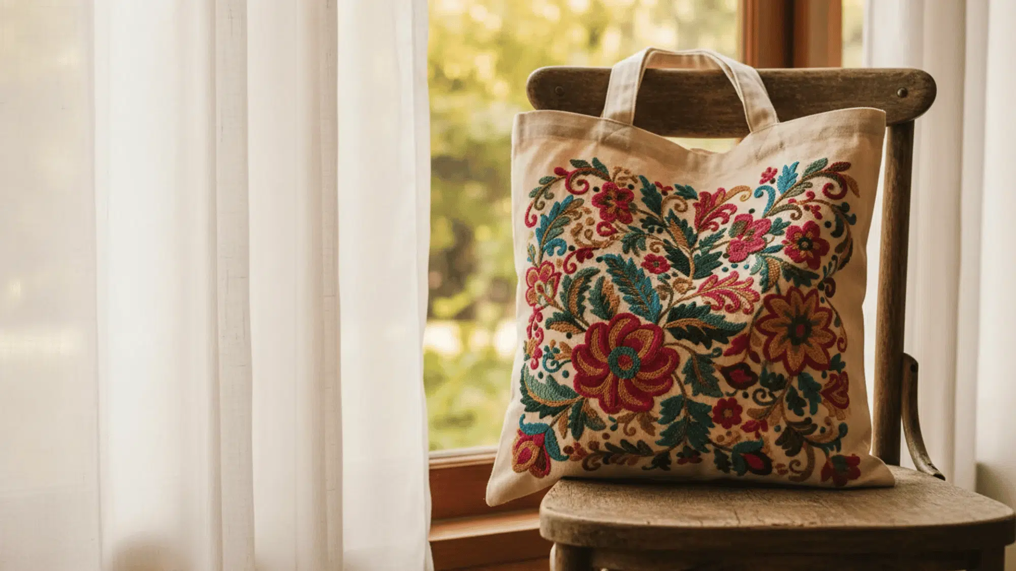 canvas tote bag with embroidered floral design hanging on a wooden chair