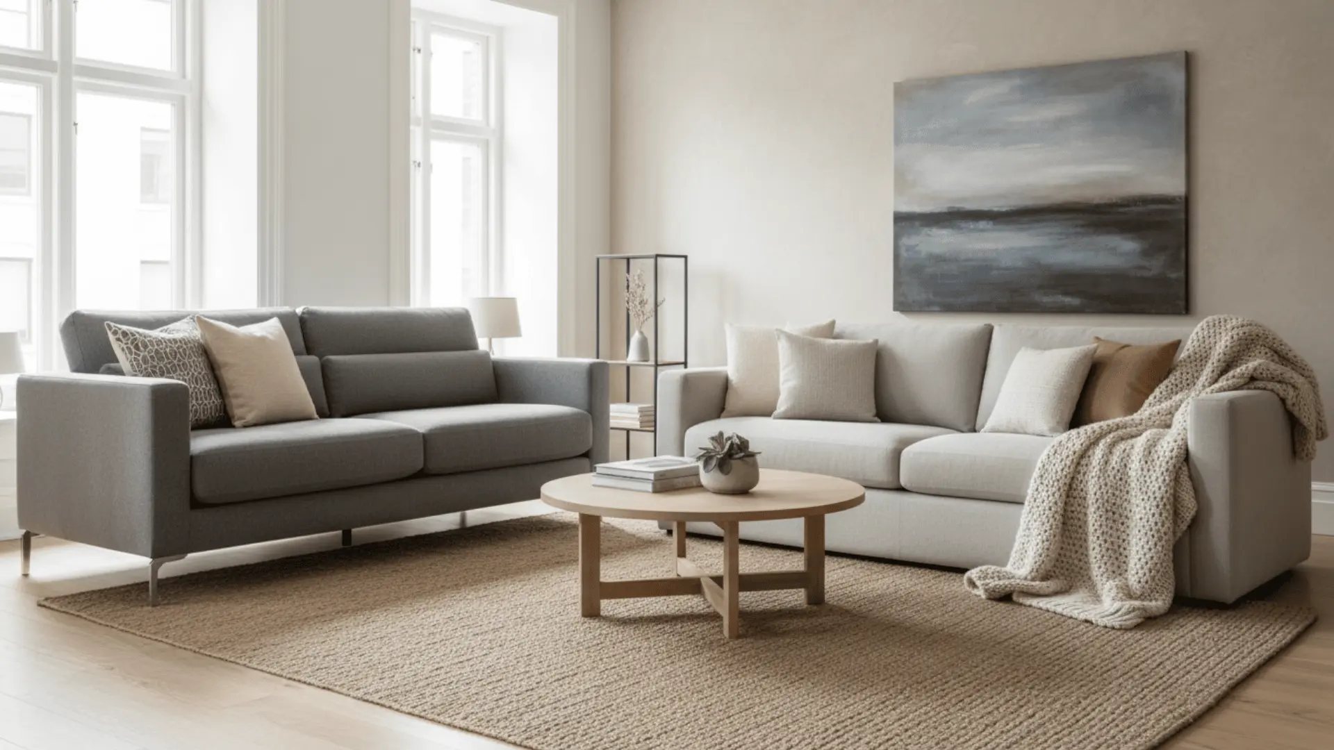 modern living room with gray and cream sofas soft pillows a round coffee table woven rug and large bright windows