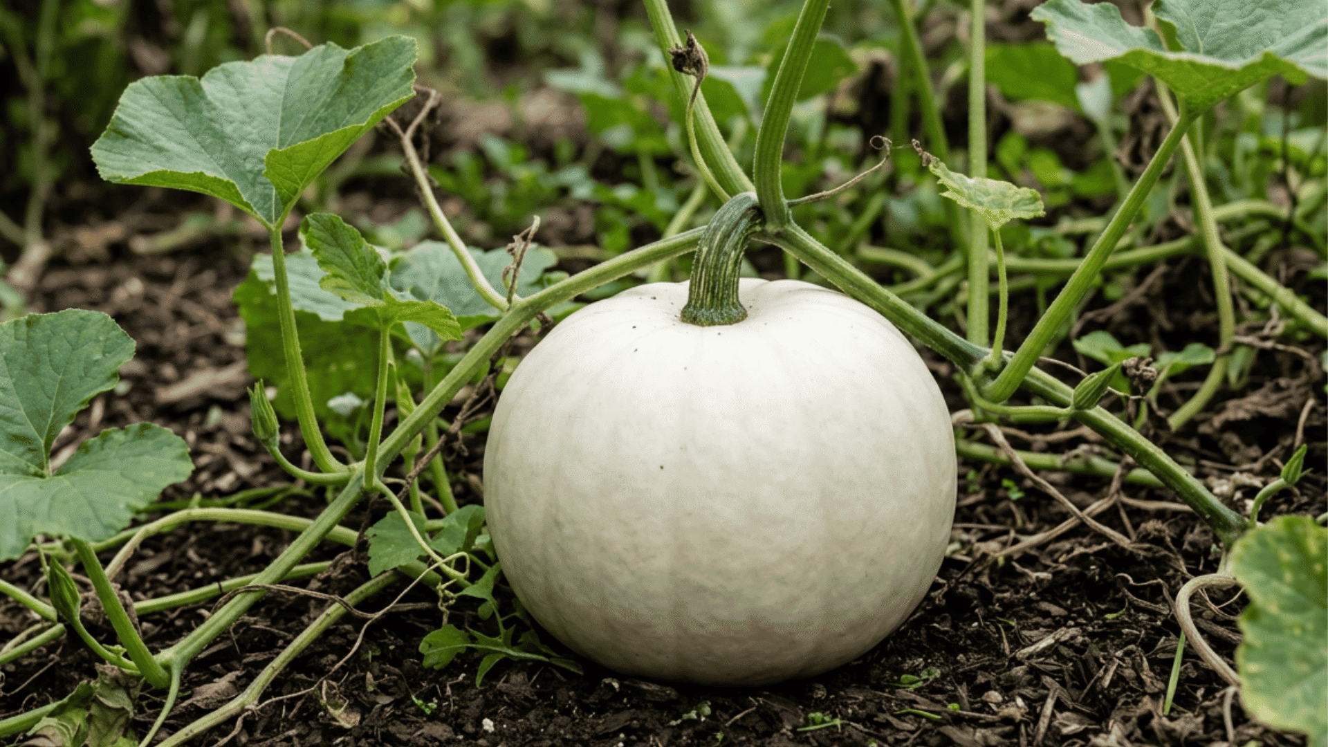 casper growing on dark garden soil surrounded by green vines curling tendrils and broad leaves