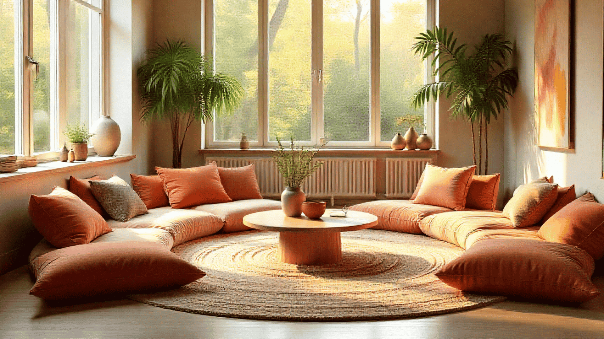 casual floor lounge colorful floor cushions circle low wooden coffee table earth tone pillows oak hardwood floor indoor trees bohemian style morning golden light