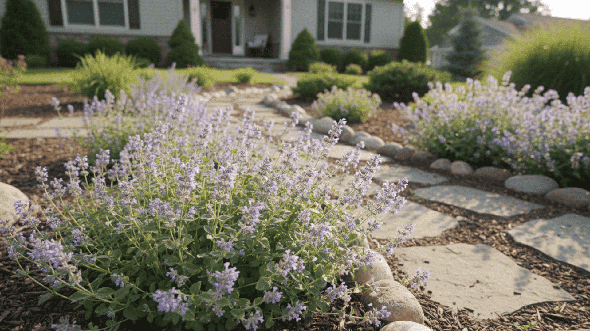 catmint blooming catmint flowers along sunny stone pathway with soft purple garden texture