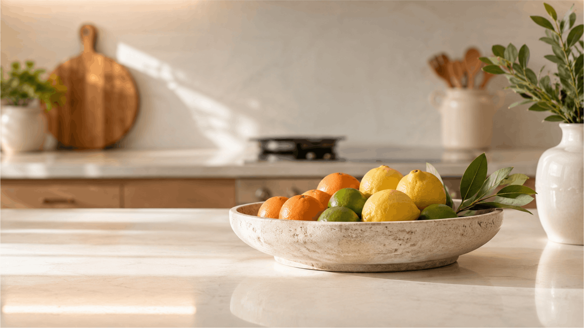 ceramic bowl filled with lemons limes and oranges on a bright kitchen countertop with natural light and greenery