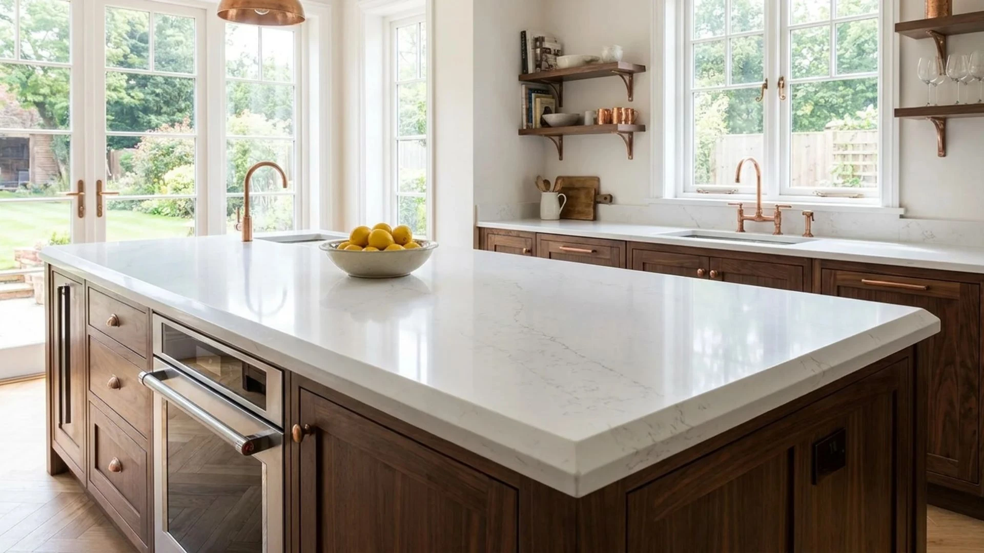 chamfered countertop edge on white marble island with dark wood cabinets and copper fixtures