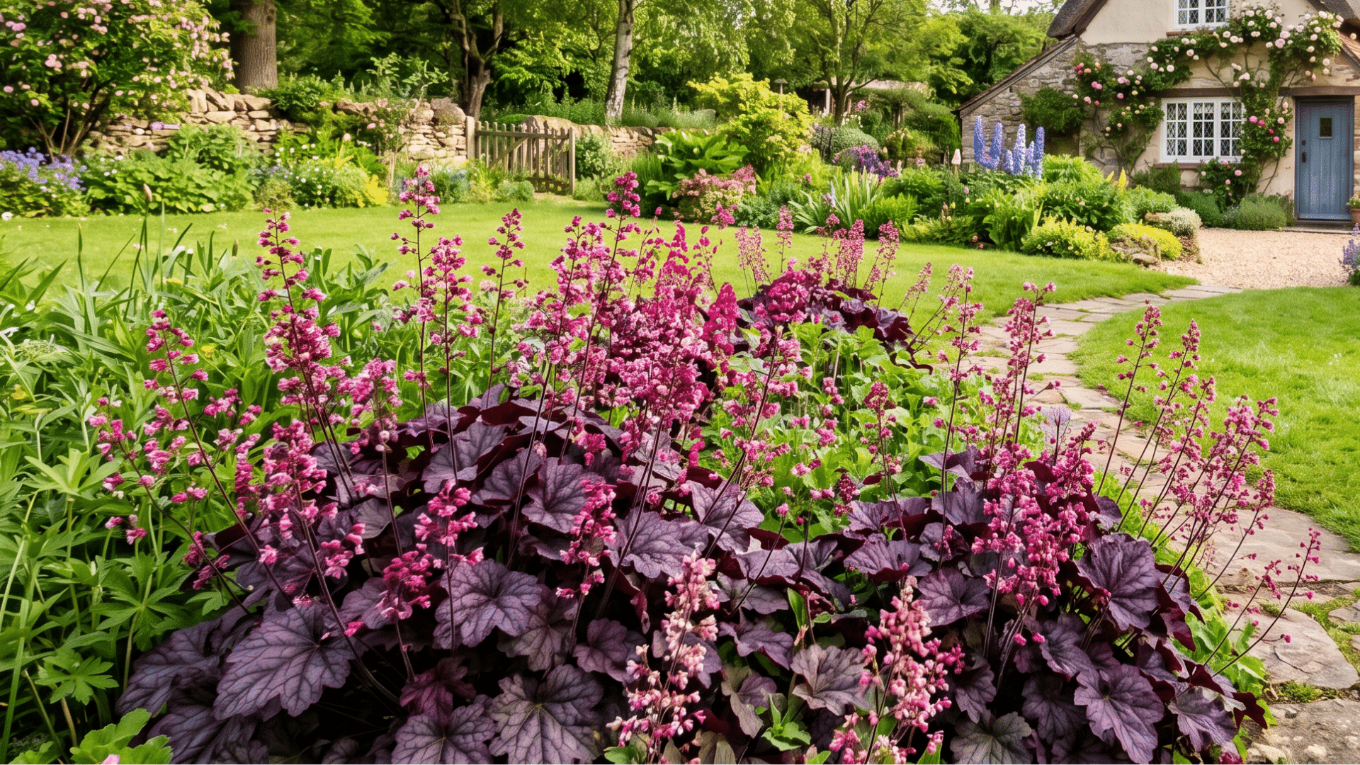 charming thatched-roof cottage surrounded by a lush, vibrant garden with coral bells going with a stone pathway leading to the front door.
