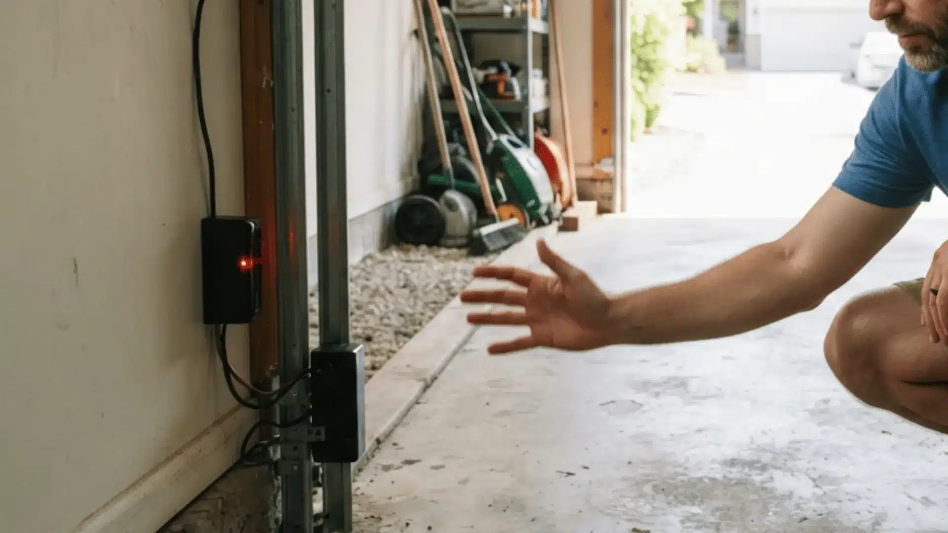 a man crouches near the garage door opening and passes his hand in front of a red lighted safety sensor