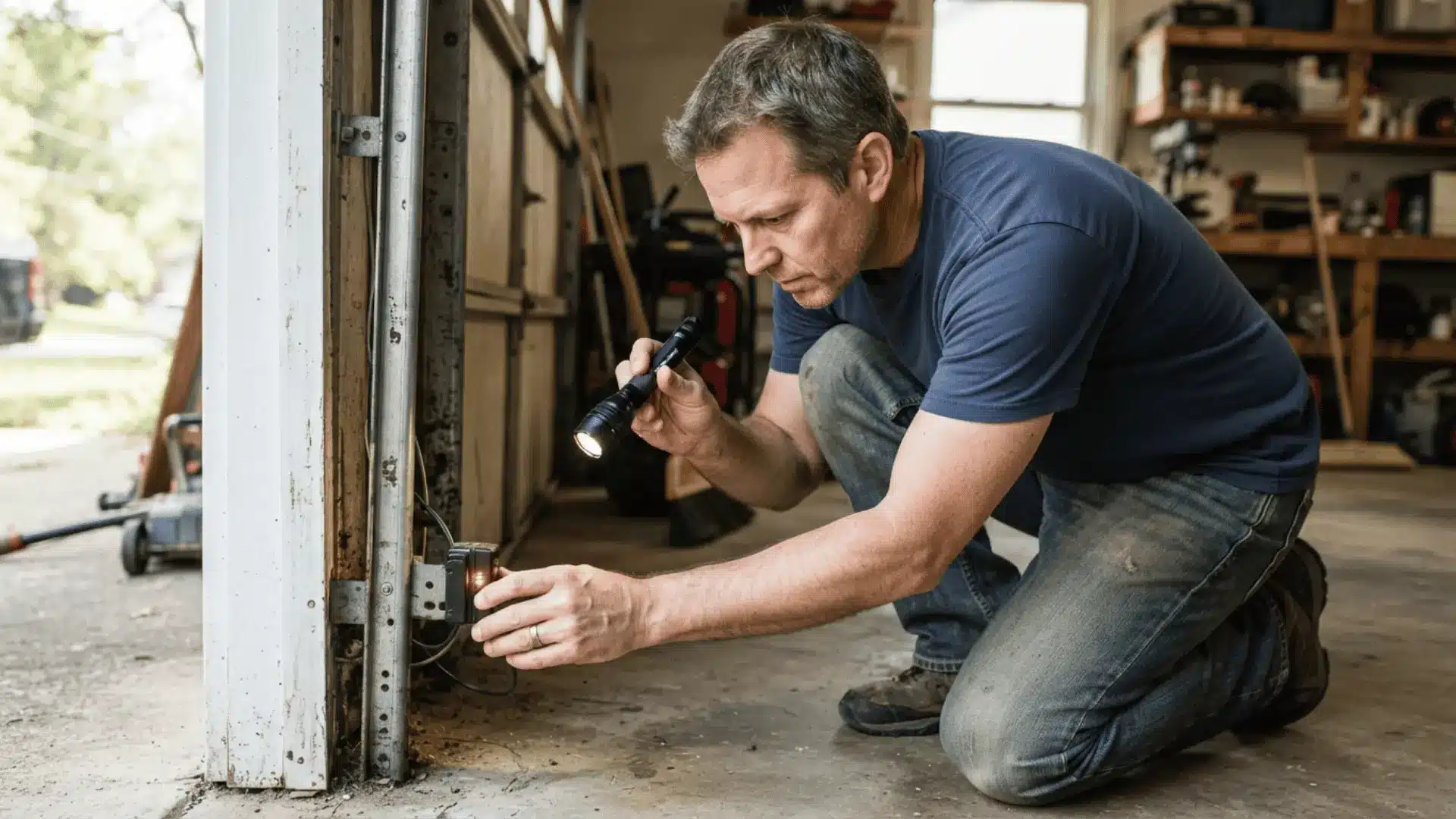 a man kneels beside a garage door track and examines a safety sensor with a flashlight in his hand