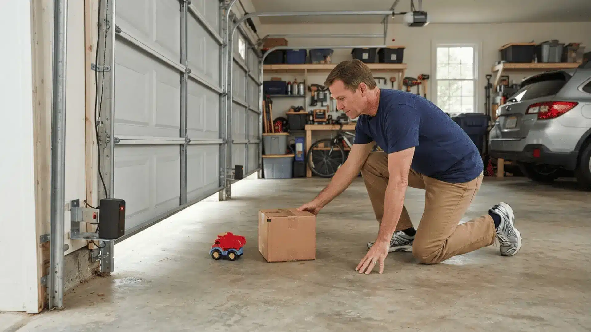 a man kneels on a garage floor testing a door sensor with a cardboard box and toy car near the raised door