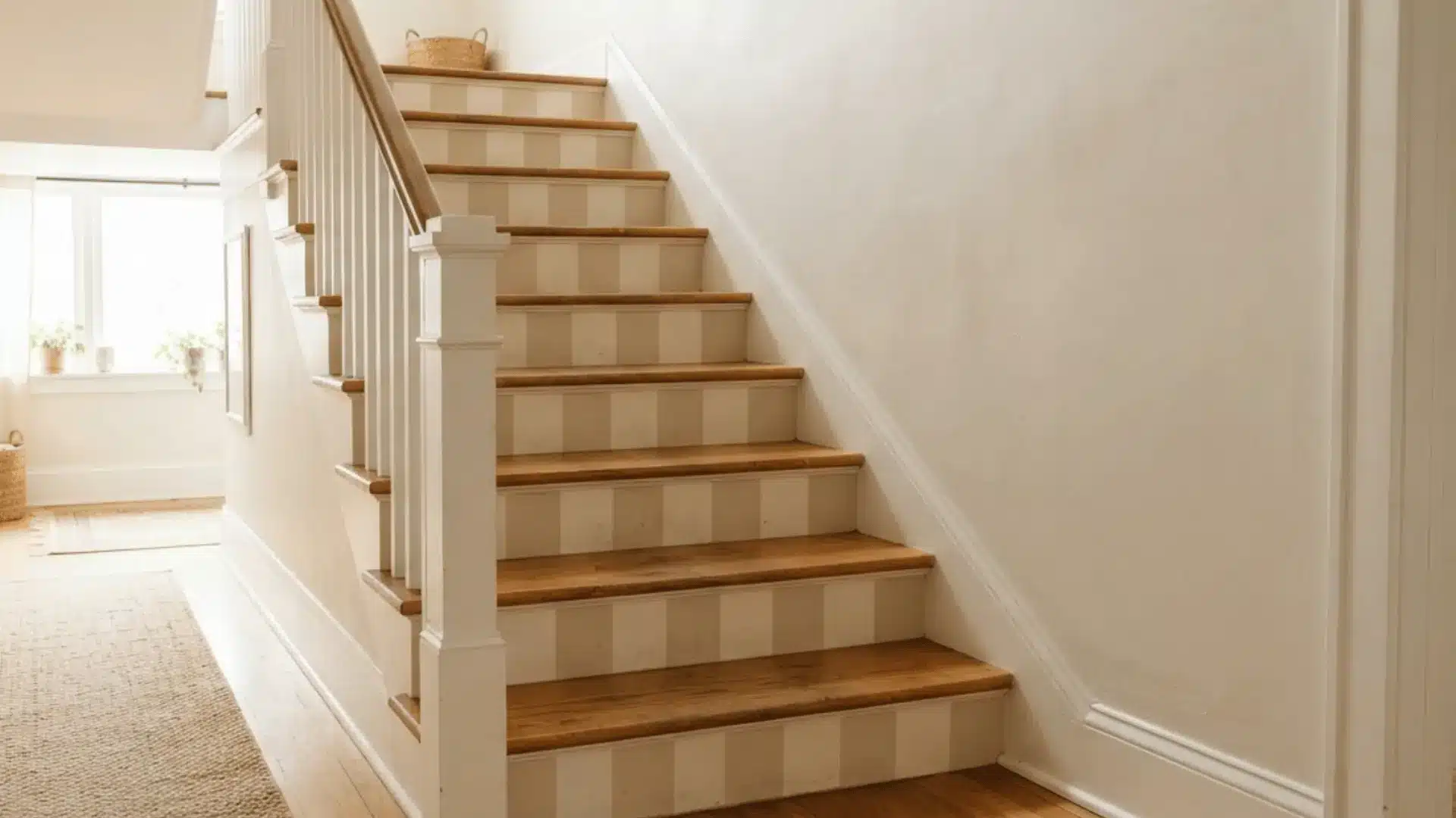 checkerboard painted stair risers in beige and cream with simple wood treads and clean trim
