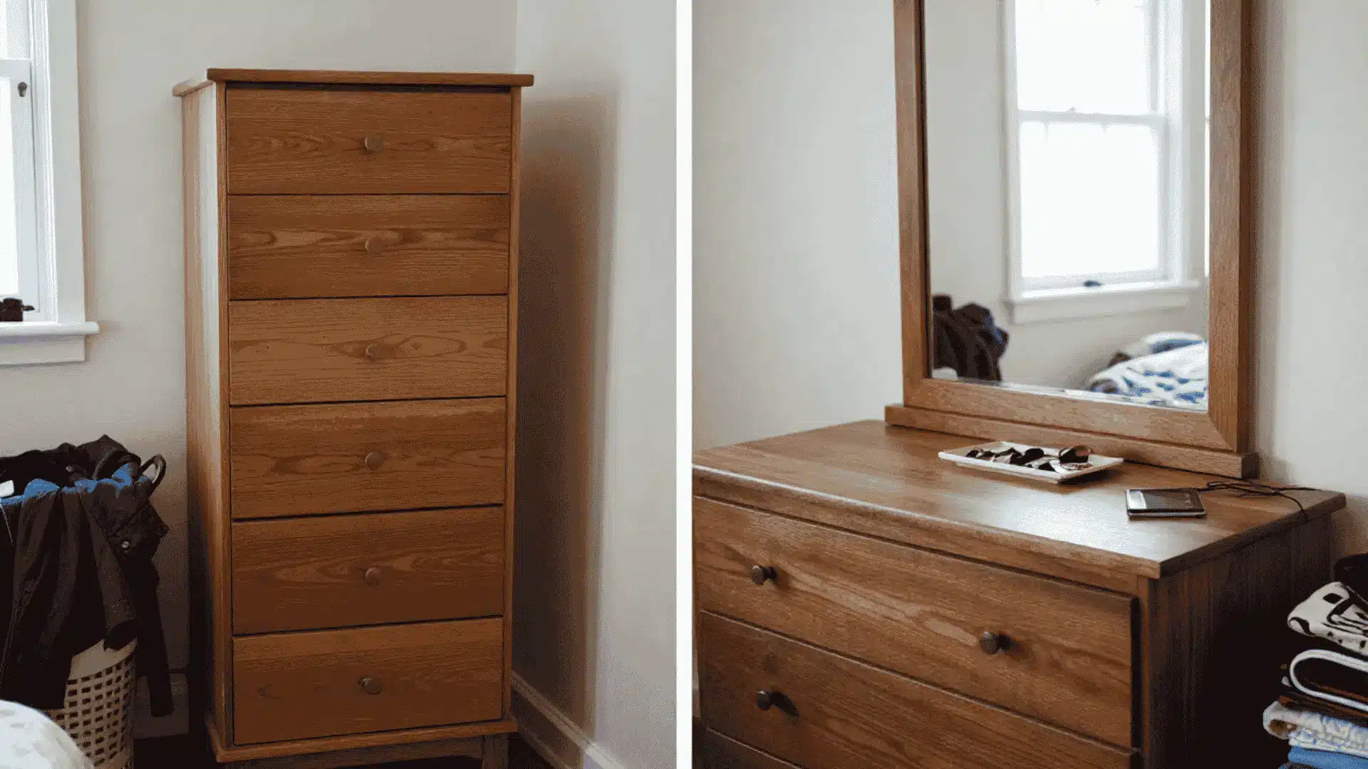 wooden chest of drawers beside matching dresser with mirror showing bedroom storage size differences