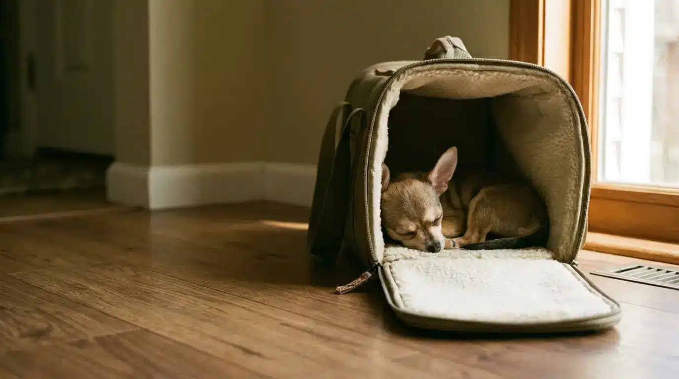 Small dog sleeping inside a soft pet carrier on a wooden floor near a window