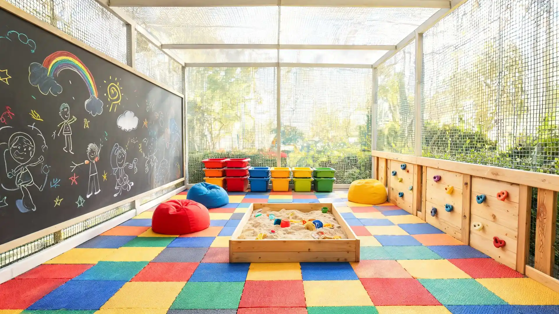 chalkboard wall with chalk drawings beside a sandbox and colorful bean bags on a primary-color tile floor