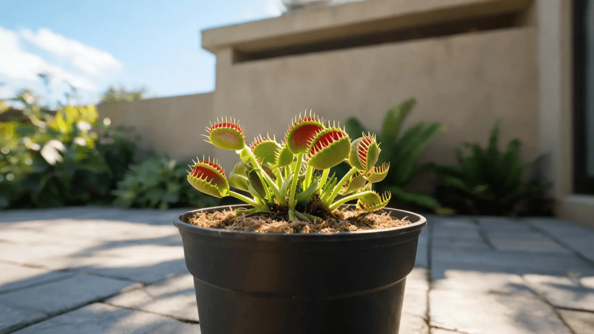 venus flytrap in a sunny outdoor location with open airflow around the pot