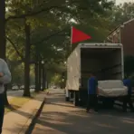 Man observing movers loading furniture into truck on tree-lined suburban street