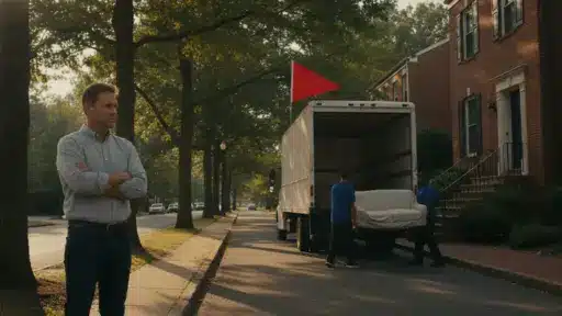 Man observing movers loading furniture into truck on tree-lined suburban street