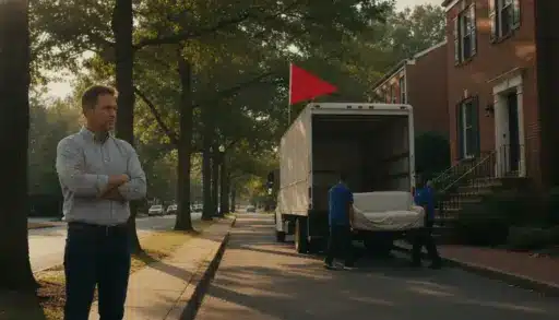 Man observing movers loading furniture into truck on tree-lined suburban street