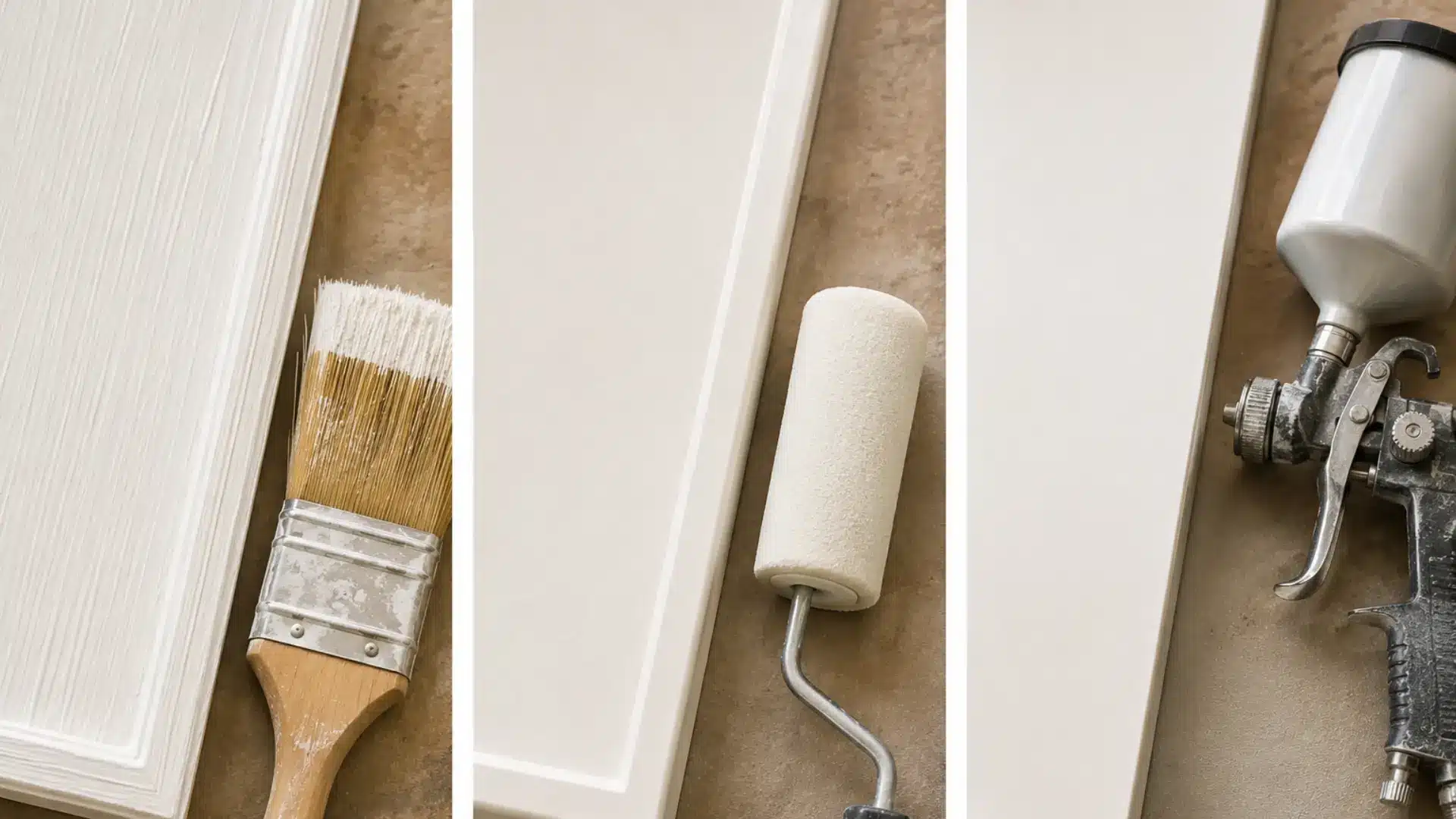 a realistic close-up triptych photograph on a clean workshop surface showing three furniture painting application methods side by side, with the left panel showing a freshly painted wooden surface with subtle visible brush strokes and a wide flat brush beside it, the center panel showing a smoother painted surface with a fine foam roller beside it, and the right panel showing a flawlessly smooth spray painted surface with a paint sprayer gun beside it, all under consistent warm natural lighting