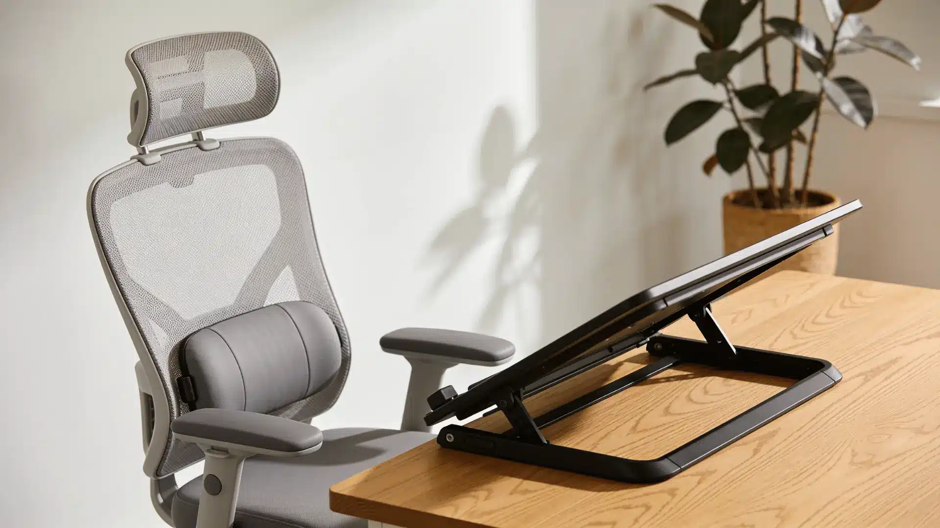 high end ergonomic office chair with strong lumbar support positioned next to a lowered desk converter on a wooden table