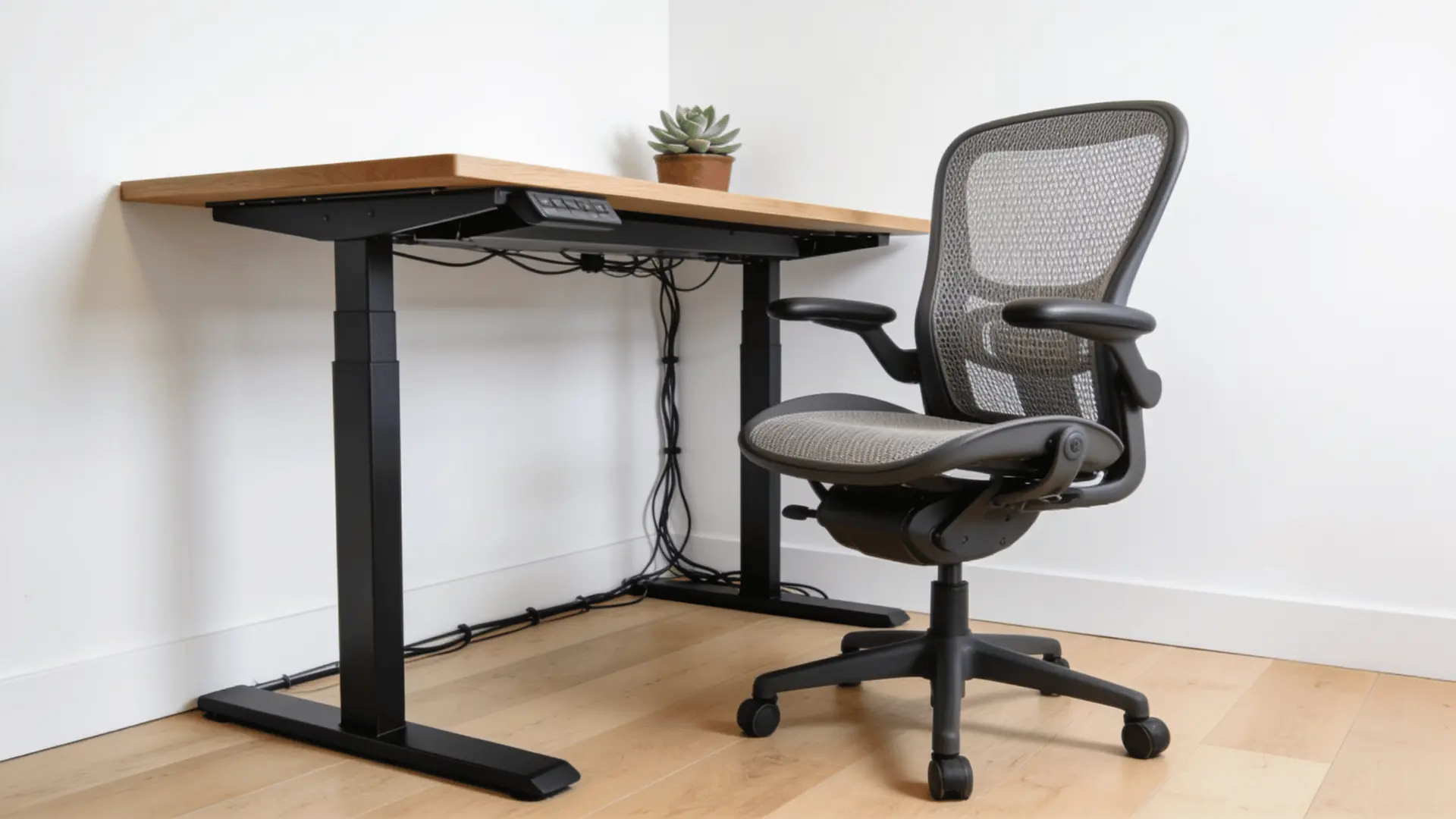 professional woman standing comfortably at a riser desk with perfect posture and monitor at eye level in a bright office