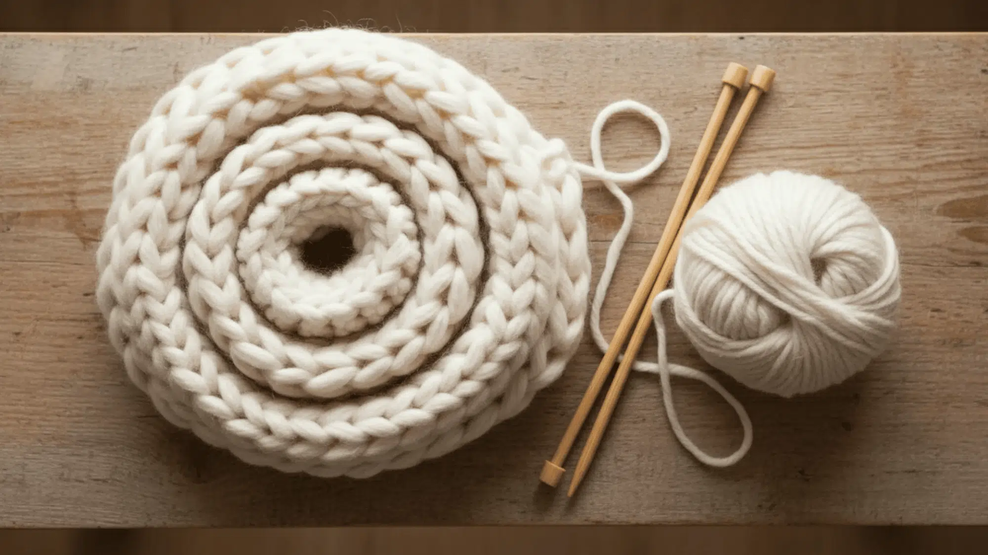 chunky knit cream scarf coiled on a wooden bench with knitting needles and yarn