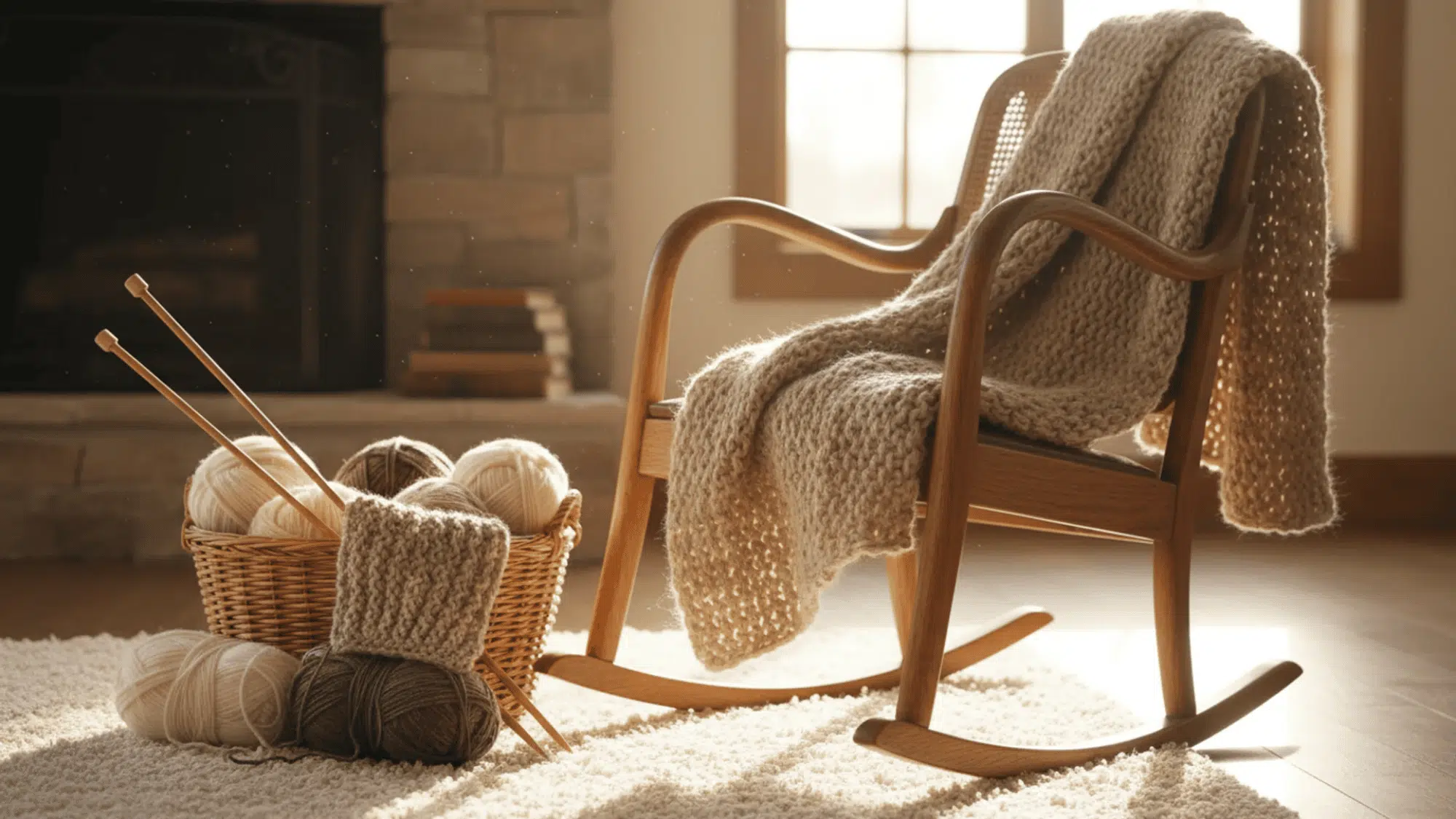 chunky oatmeal-colored knit blanket draped over a wooden rocking chair