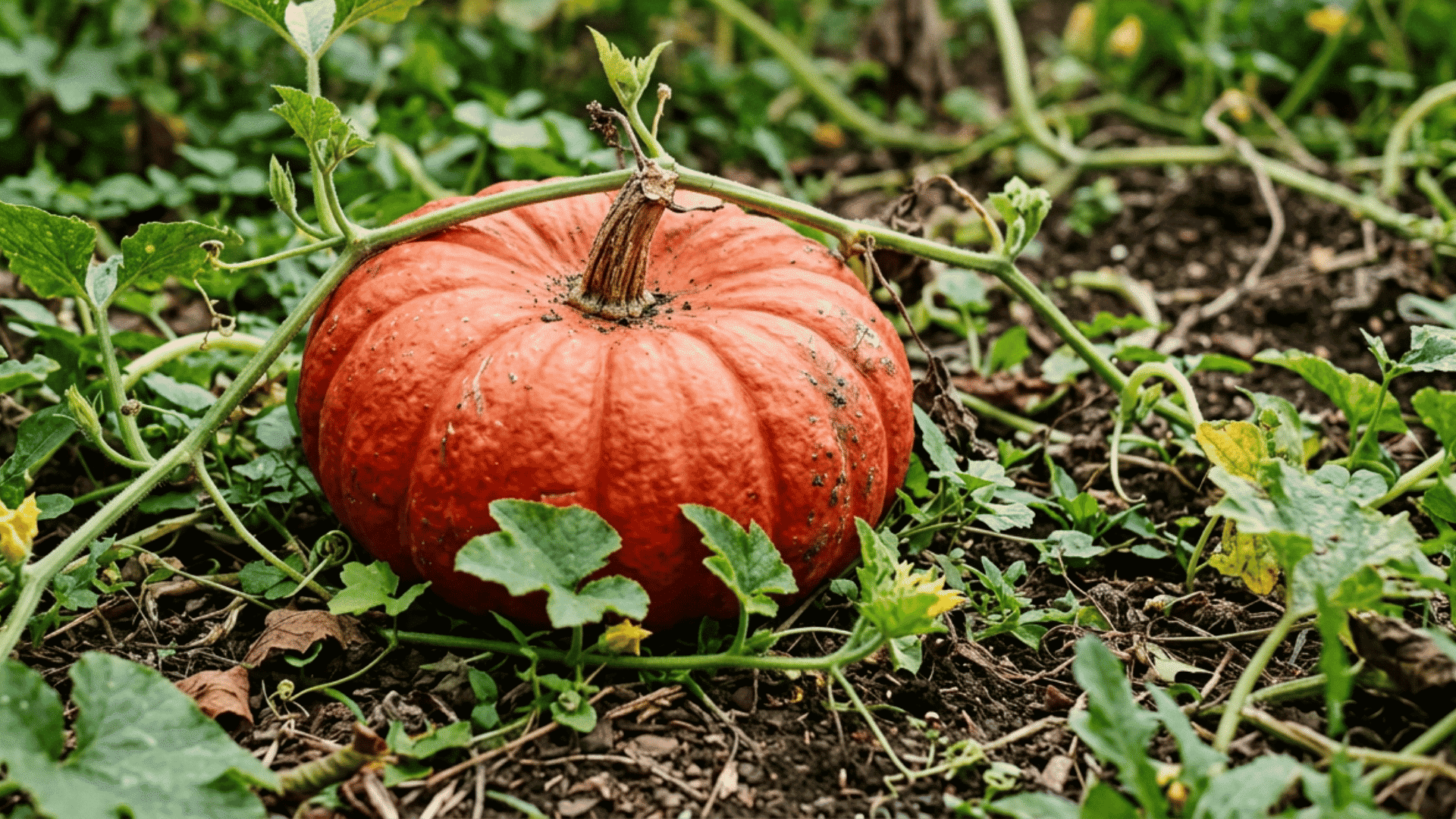cinderalla pumpkin growing on dark garden soil surrounded by green vines curling tendrils and broad leaves