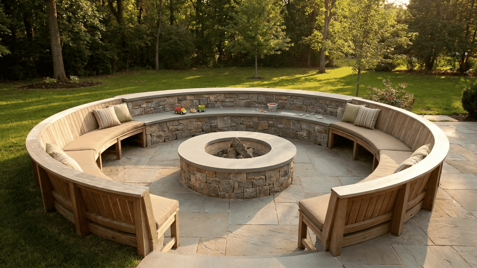 Circular outdoor fire pit area with tiered stone and wooden seating, surrounded by greenery, perfect for family gatherings.