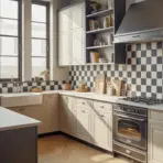 Classic black and white checkerboard backsplash kitchen with shaker cabinets and vintage-inspired charm