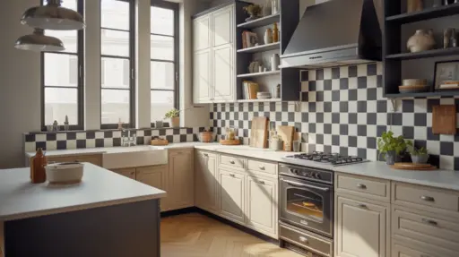 Classic black and white checkerboard backsplash kitchen with shaker cabinets and vintage-inspired charm