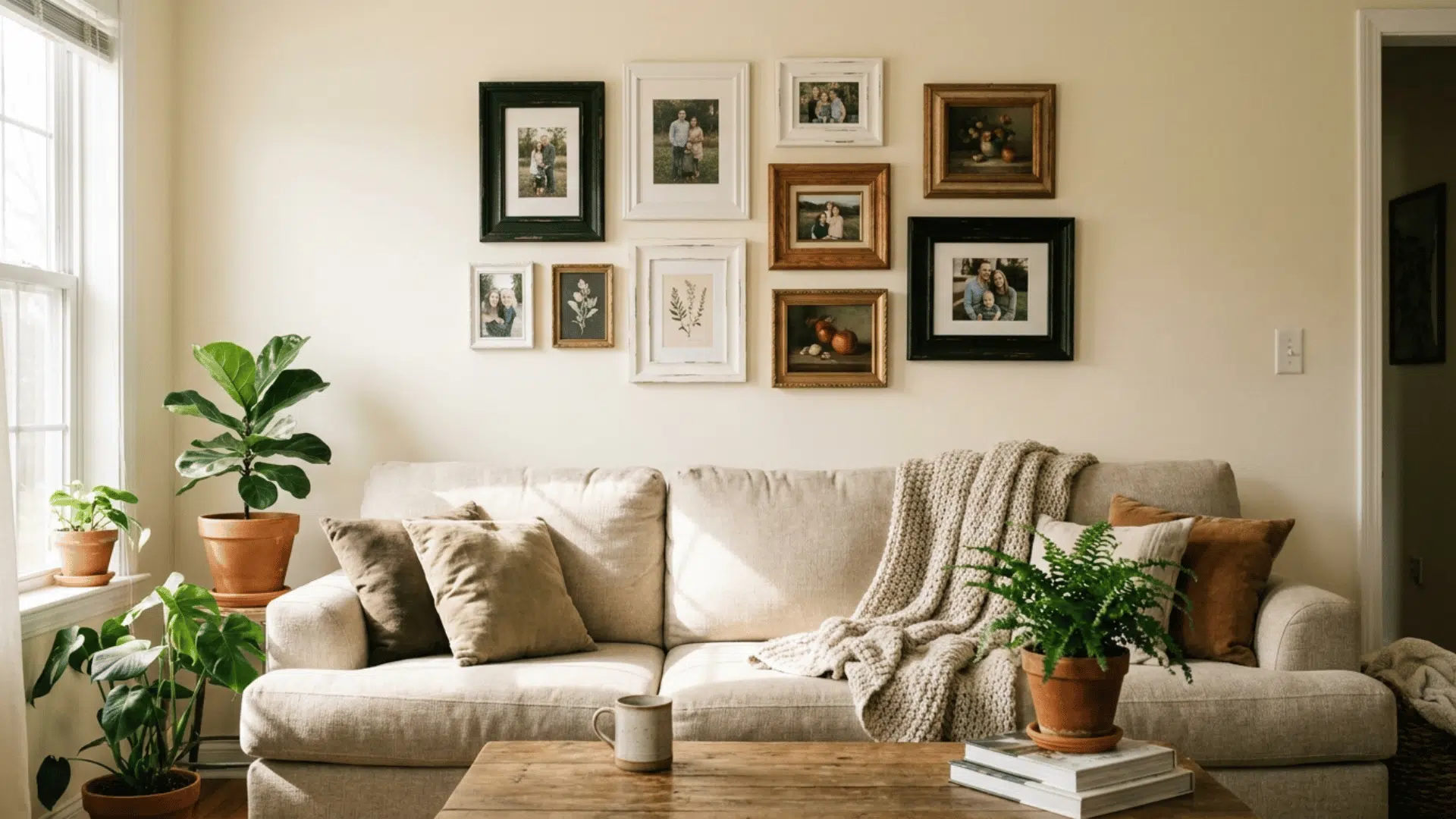 classic gallery wall with matching framed artwork arranged in a symmetrical grid above a living room sofa