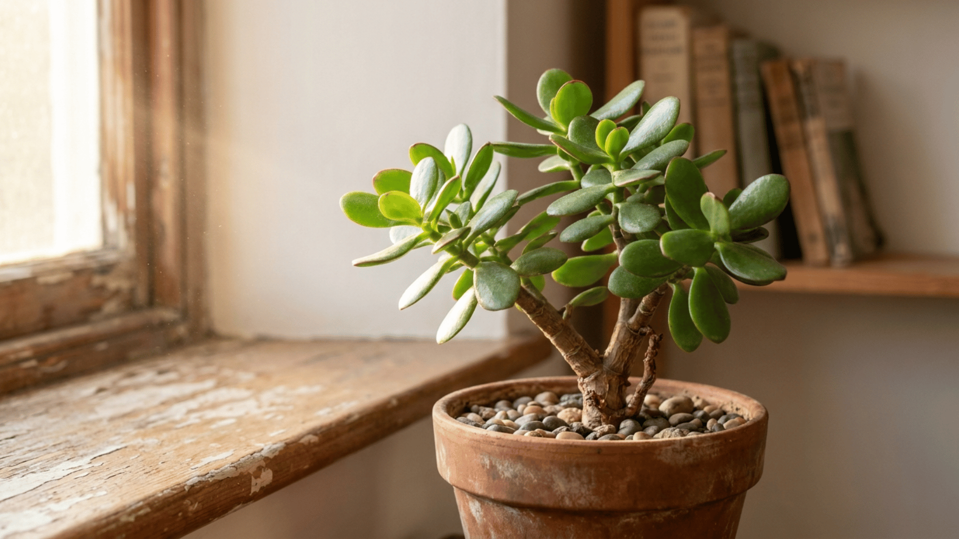 classic jade plant in a terracotta pot on a wooden windowsill with natural light