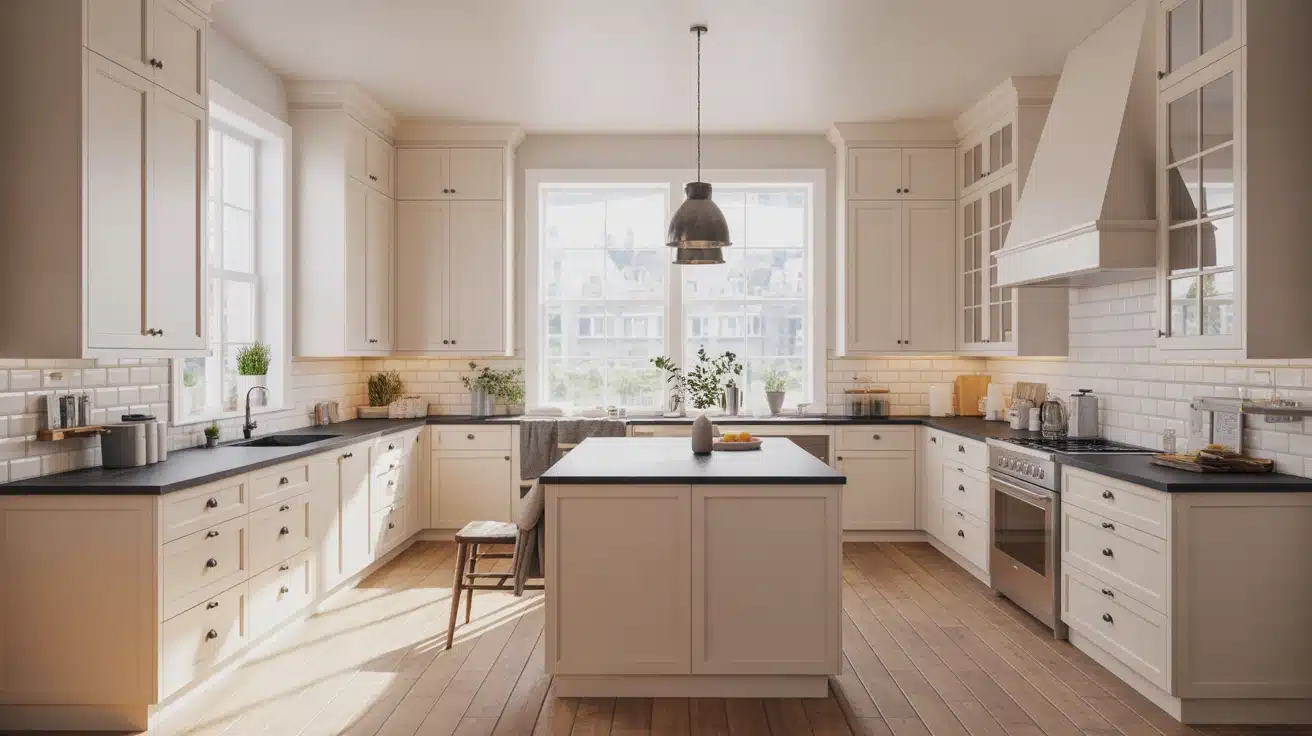 Classic white shaker kitchen with black countertops, subway tile backsplash, and warm wood flooring