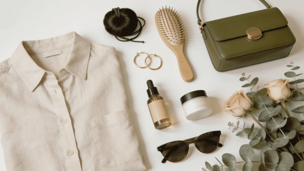 clean girl aesthetic featuring neutral outfits gold jewelry sleek accessories and polished beauty essentials
