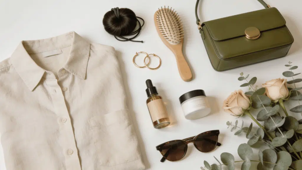 clean girl aesthetic featuring neutral outfits gold jewelry sleek accessories and polished beauty essentials