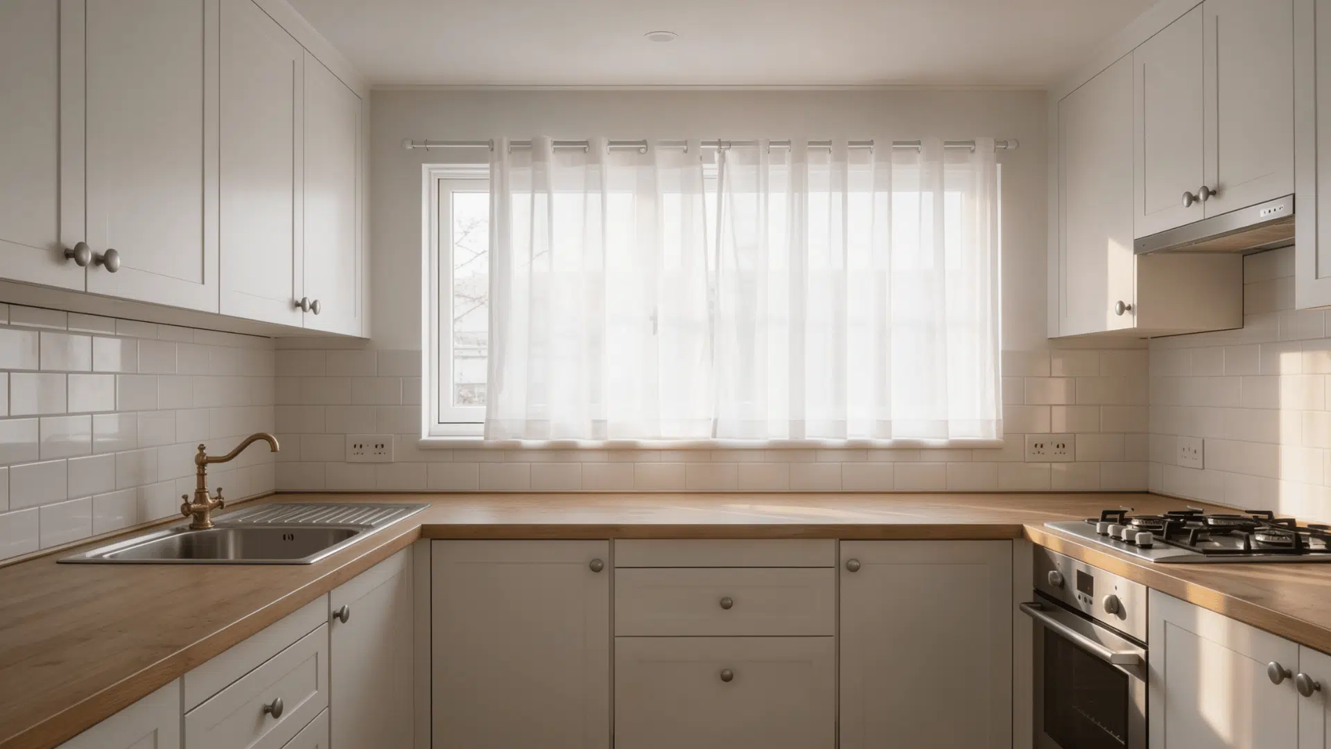 clean modern kitchen with white cabinets wooden countertop large window with sheer white curtains is center
